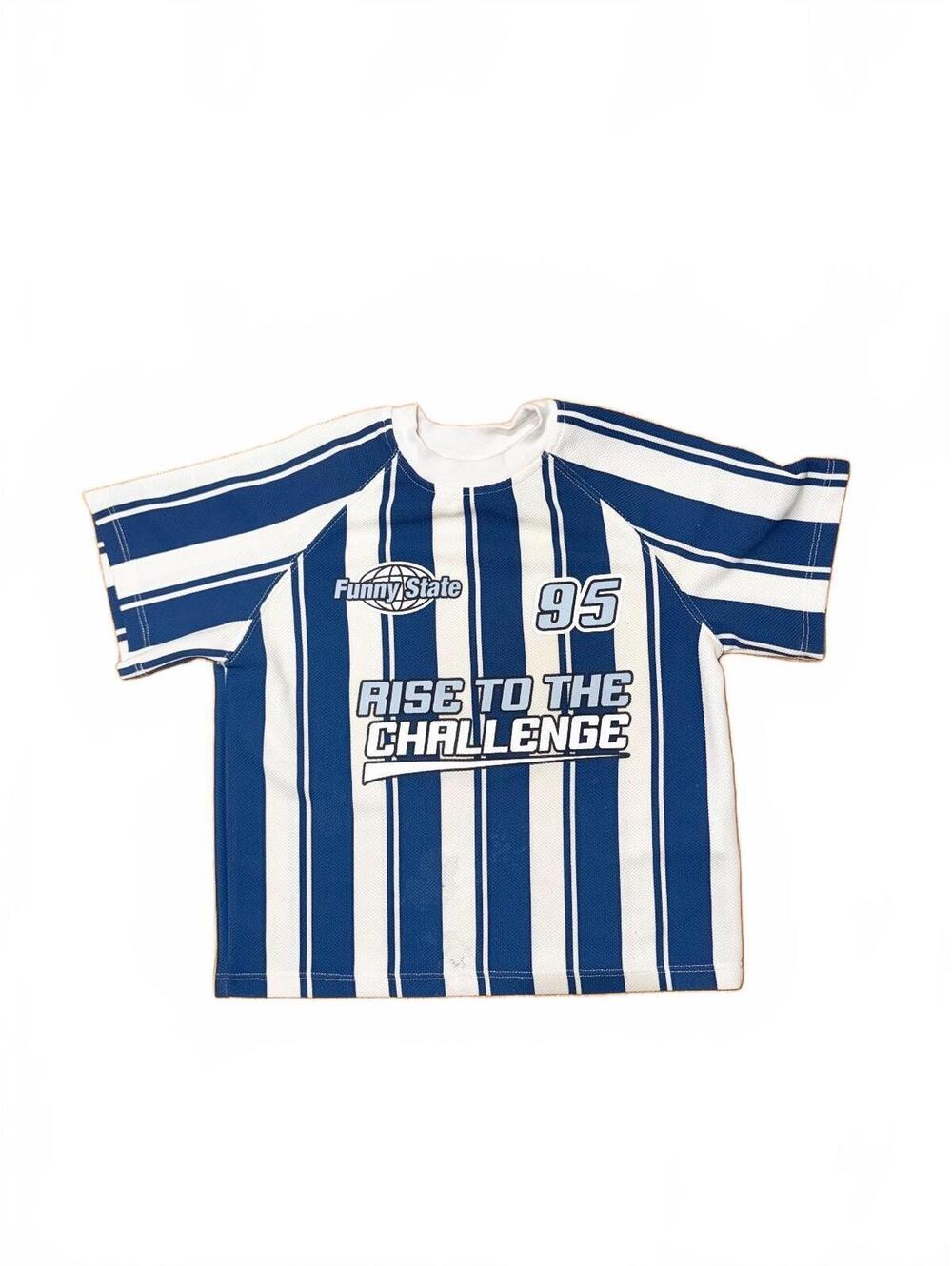 Zara Blue and White Striped Boys Soccer Jersey with 'Rise to the Challenge'